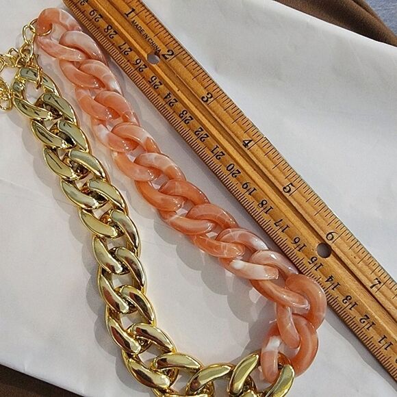 #Lascana Resin Bi-Color Coral Gold Asymmetrical Chunky Chain Necklace - Picture 6 of 6
